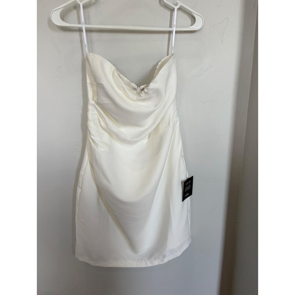Lulus White Strapless Mini Dress Draped Cowl Neck Ruched Bodycon Bridal Sz M NWT